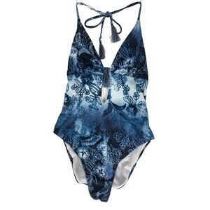 Bikini Lab Swim Suit Women One Piece Size M Blue Floral Open Back Tassels New